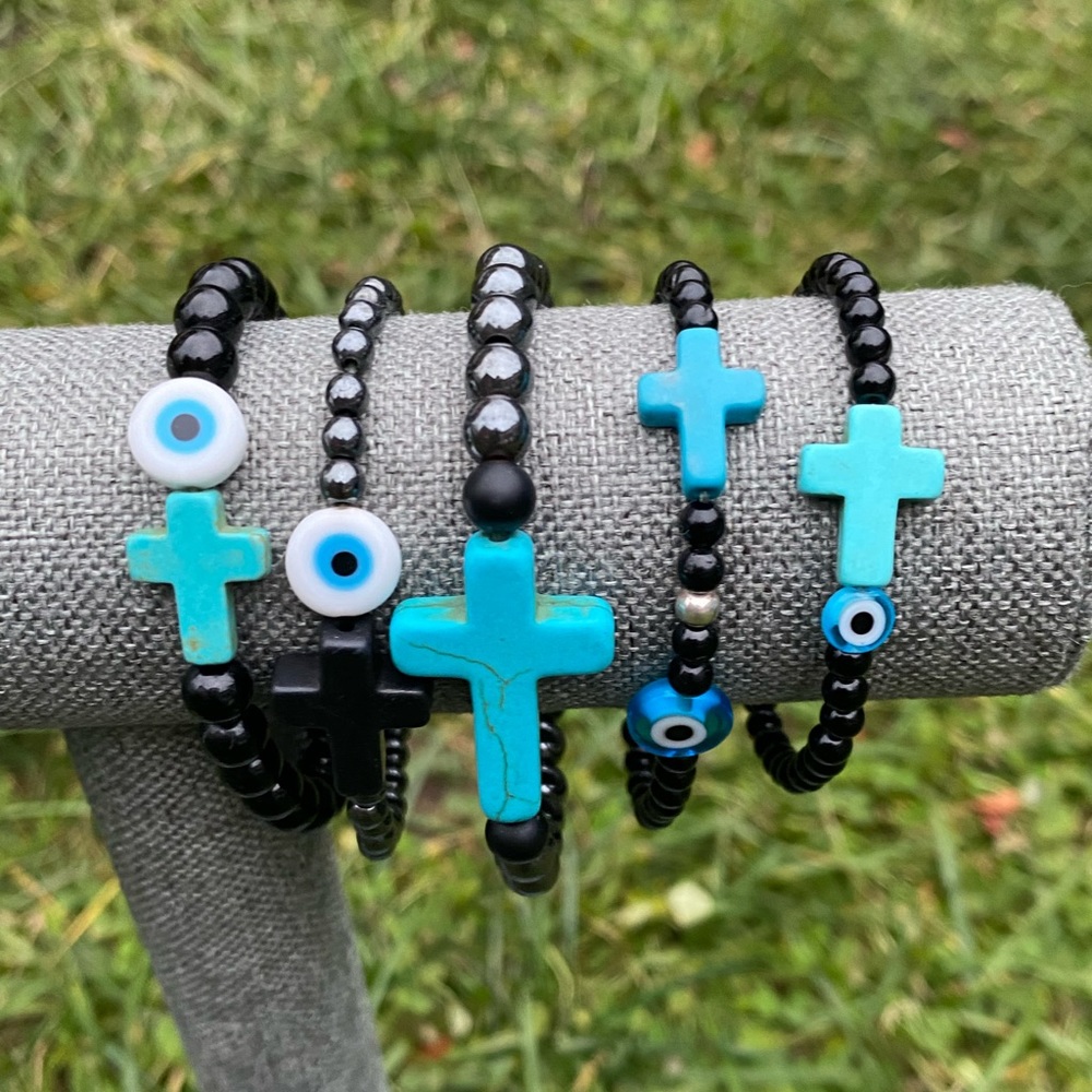 Genuine black onyx, turquoise, pearl /Evil Eye bracelet high quality - Picture 8 of 9